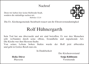 Traueranzeige von Rolf Hühnergarth von  Gießener Anzeiger