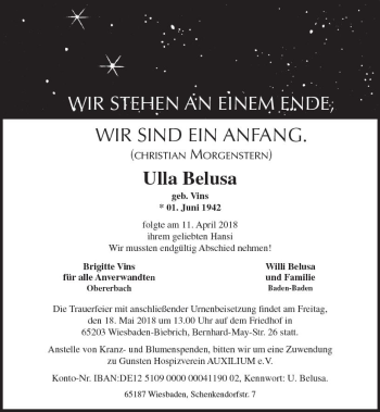 Traueranzeige von Ulla Belusa von Trauerportal Rhein Main Presse