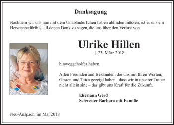 Traueranzeige von Ulrike Hillen von  Usinger Anzeiger Traueranzeige von Ulrike Hillen von  Usinger Anzeiger