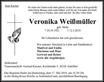 Traueranzeige von Veronika Weißmüller von VRM Trauer