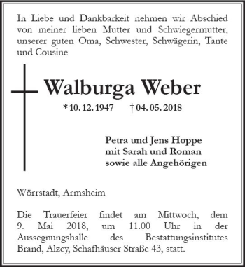 Traueranzeige von Walburga Weber von Trauerportal Rhein Main Presse