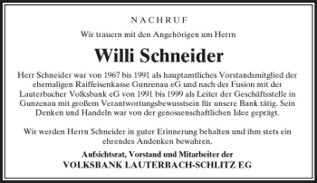 Traueranzeige von Willi Schneider von VRM Trauer