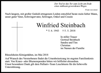 Traueranzeige von Winfried Steinbach von Trauerportal Rhein Main Presse