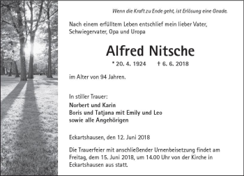 Traueranzeige von Alfred Nitsche von  Kreisanzeiger