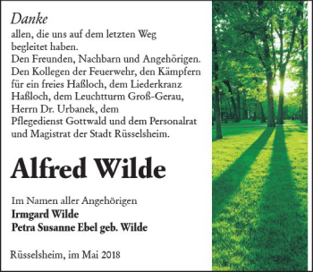 Traueranzeige von Alfred Wilde von Trauerportal Rhein Main Presse