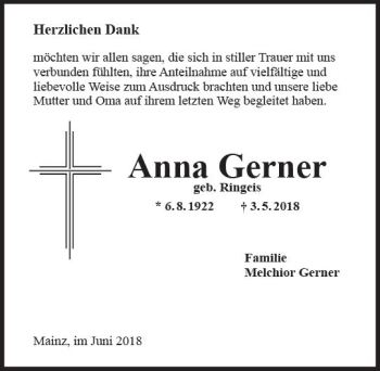 Traueranzeige von Anna Gerner von Trauerportal Rhein Main Presse