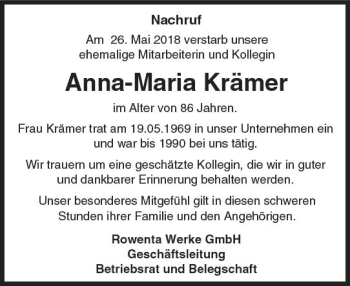 Traueranzeige von Anna-Maria Krämer von Trauerportal Rhein Main Presse