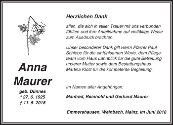 Traueranzeige von Anna Maurer von  Usinger Anzeiger