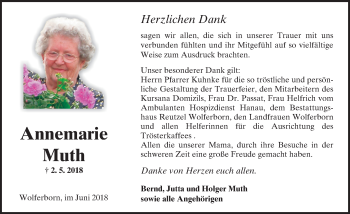 Traueranzeige von Annemarie Muth von  Kreisanzeiger