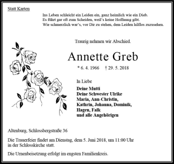 Traueranzeige von Annette Greb von VRM Trauer