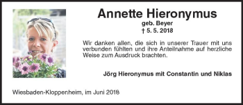 Traueranzeige von Annette Hieronymus von Trauerportal Rhein Main Presse