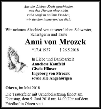Traueranzeige von Anni von Mrozek von  Camberger Anzeiger