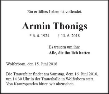 Traueranzeige von Armin Thonigs von  Kreisanzeiger