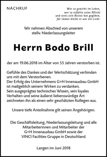 Traueranzeige von Bodo Brill von Trauerportal Rhein Main Presse