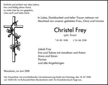 Traueranzeige von Christel Frey von Trauerportal Rhein Main Presse