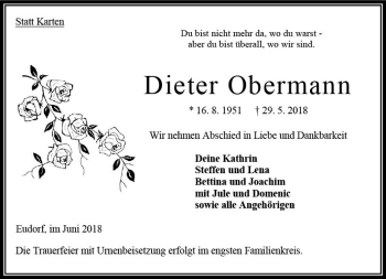 Traueranzeige von Dieter Obermann von VRM Trauer