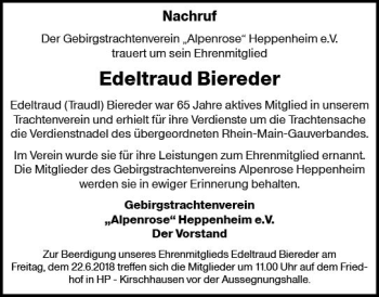 Traueranzeige von Edeltraud Biereder von Trauerportal Rhein Main Presse
