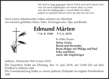 Traueranzeige von Edmund Märten von Trauerportal Rhein Main Presse