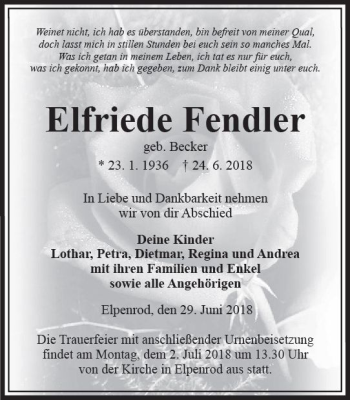 Traueranzeige von Elfriede Fendler von VRM Trauer