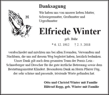 Traueranzeige von Elfriede Winter von  Kreisanzeiger