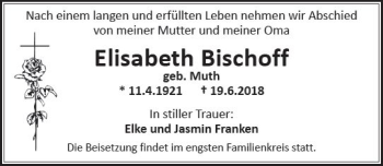 Traueranzeige von Elisabeth Bischoff von Trauerportal Rhein Main Presse
