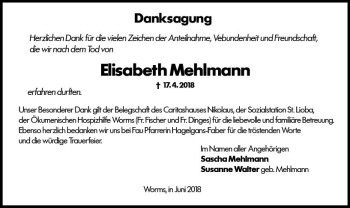Traueranzeige von Elisabeth Mehlmann von Trauerportal Rhein Main Presse