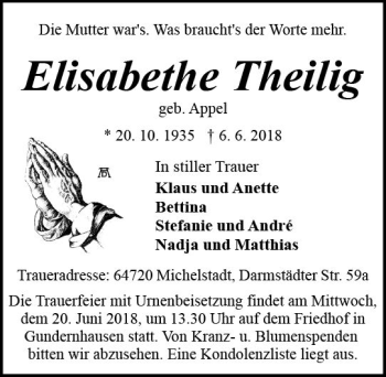 Traueranzeige von Elisabethe Theilig von Trauerportal Rhein Main Presse