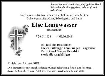 Traueranzeige von Else Langwasser von VRM Trauer