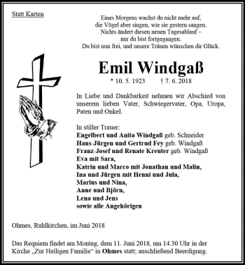 Traueranzeige von Emil Windgaß von VRM Trauer