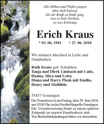 Traueranzeige von Erich Kraus von Trauerportal Rhein Main Presse