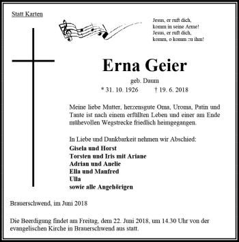 Traueranzeige von Erna Geier von VRM Trauer