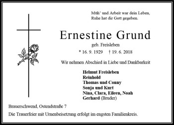 Traueranzeige von Ernestine Grund von VRM Trauer