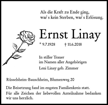 Traueranzeige von Ernst Linay von Trauerportal Rhein Main Presse