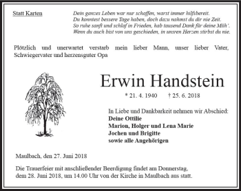 Traueranzeige von Erwin Handstein von VRM Trauer