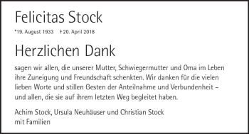 Traueranzeige von Felicitas Stock von Trauerportal Rhein Main Presse