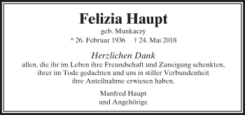 Traueranzeige von Felizia Haupt von  Usinger Anzeiger