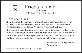 Traueranzeige von Frieda Kramer von  Usinger Anzeiger