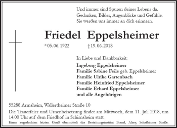 Traueranzeige von Friedel Eppelsheimer von Trauerportal Rhein Main Presse