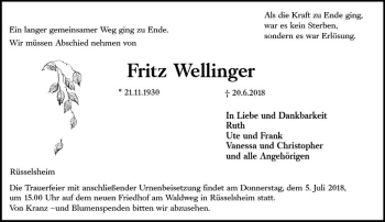 Traueranzeige von Fritz Wellinger von Trauerportal Rhein Main Presse