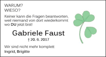 Traueranzeige von Gabriele Faust von  Kreisanzeiger