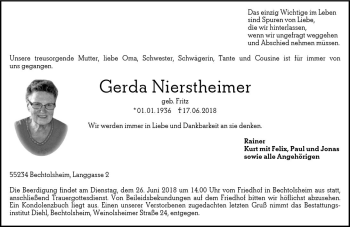 Traueranzeige von Gerda Nierstheimer von Trauerportal Rhein Main Presse