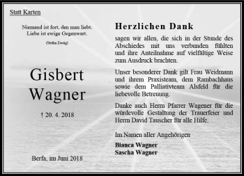 Traueranzeige von Gisbert Wagner von VRM Trauer