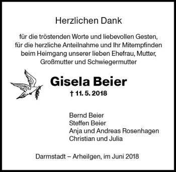 Traueranzeige von Gisela Beier von Trauerportal Rhein Main Presse