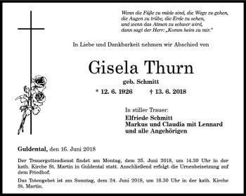 Traueranzeige von Gisela Thurn von Trauerportal Rhein Main Presse