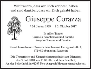Traueranzeige von Giuseppe Corazza von  Usinger Anzeiger