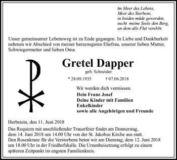 Traueranzeige von Gretel Dapper von VRM Trauer
