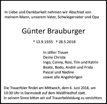 Traueranzeige von Günter Brauburger von Trauerportal Rhein Main Presse