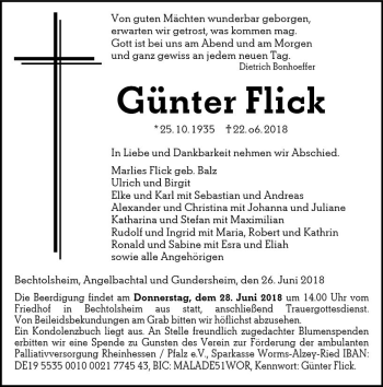 Traueranzeige von Günter Flick von Trauerportal Rhein Main Presse