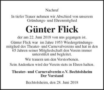 Traueranzeige von Günter Flick von Trauerportal Rhein Main Presse