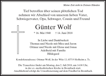 Traueranzeige von Günter Wolf von  Usinger Anzeiger